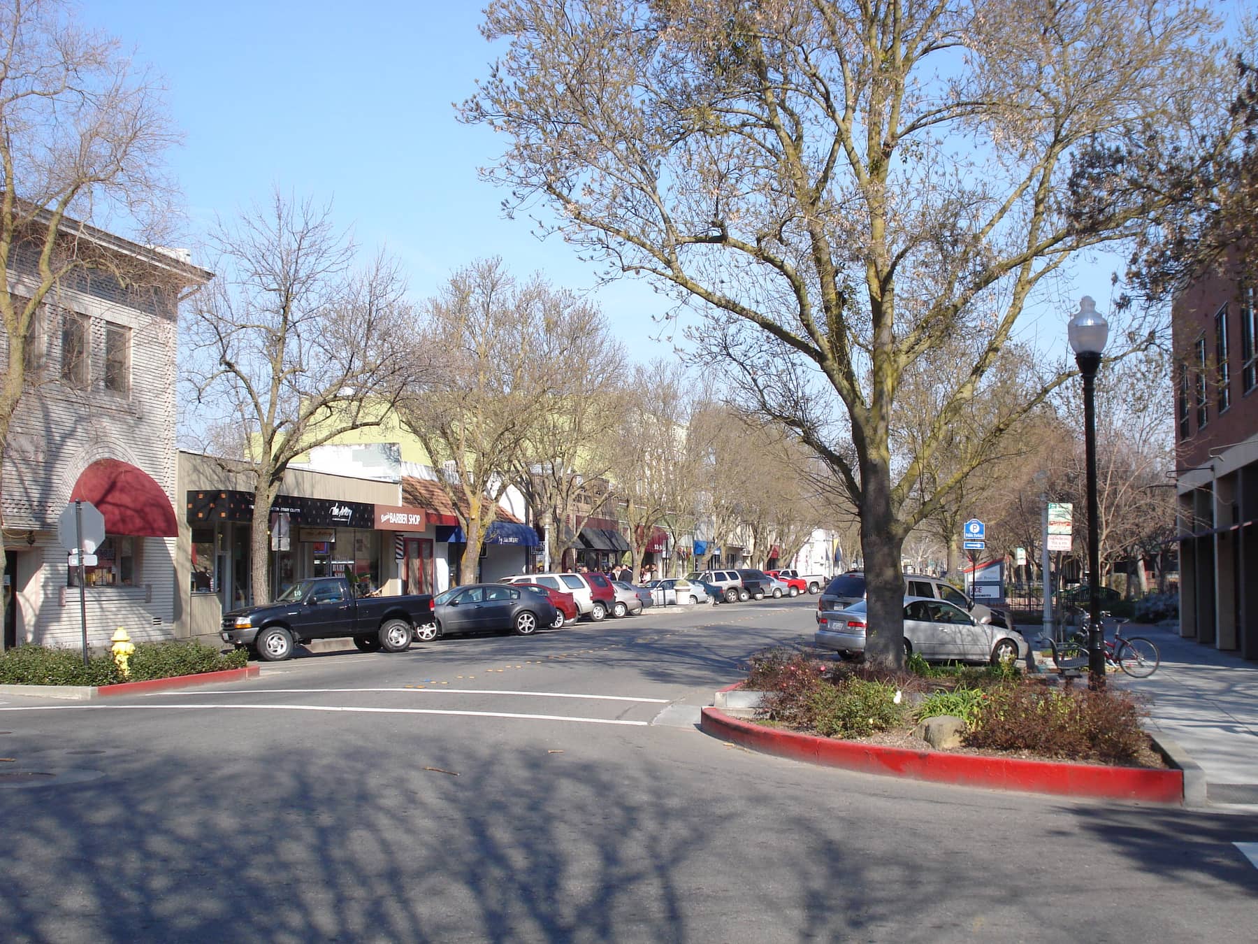 G Street in downtown Davis in winter — bare plane trees, one- and two-storey shopfronts and cars angle-parked down both kerbs