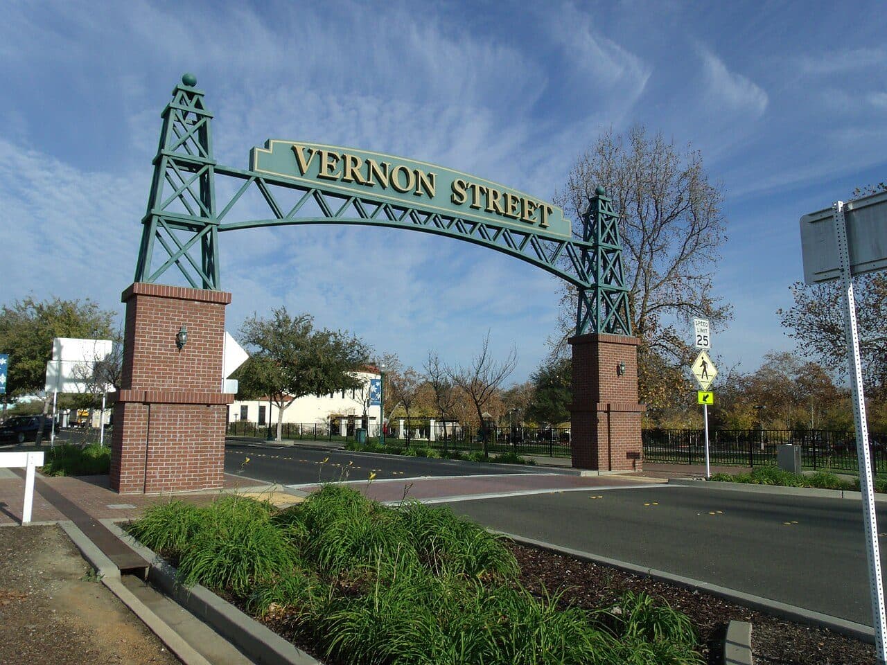 The green steel Vernon Street arch over the entrance to downtown Roseville